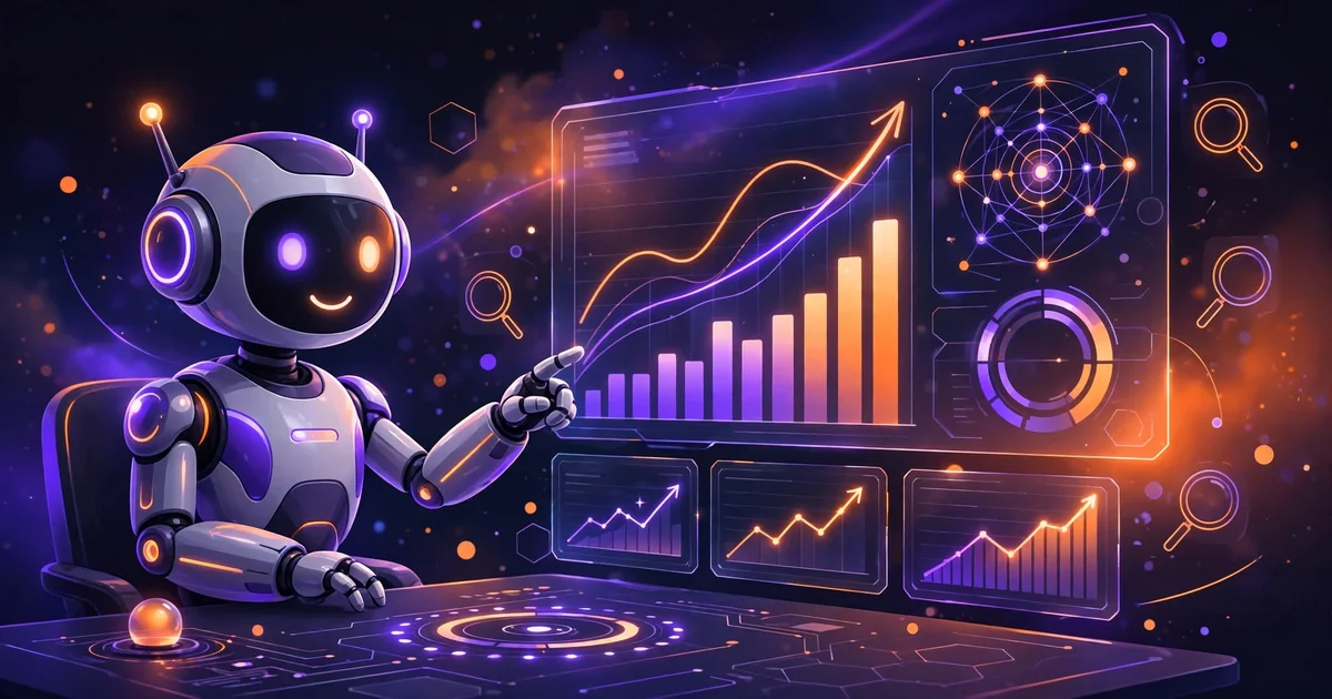 A friendly robot assistant working at a futuristic analytics dashboard, illustrating the best AI SEO tools