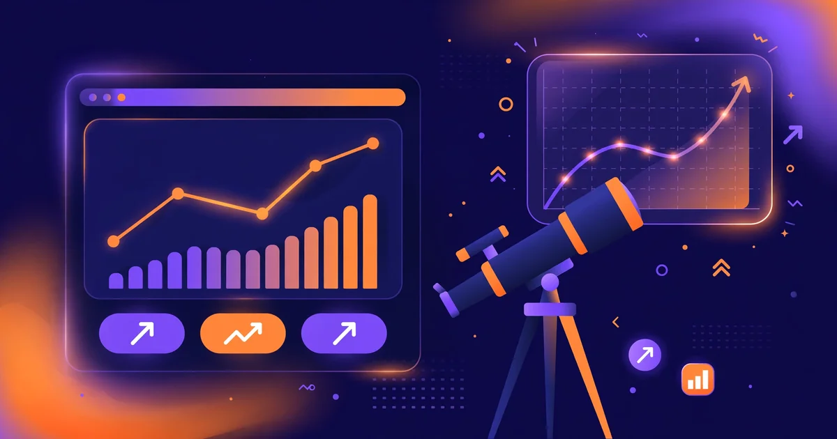 Illustration of a rank tracking dashboard with ranking graphs, keyword position badges and a telescope looking at a rising chart