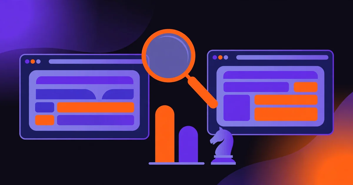 Competitor website analysis: two website windows being compared with a magnifying glass and a bar chart