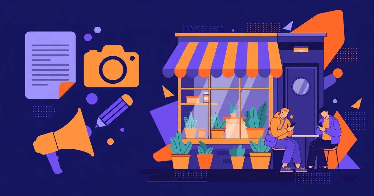 Content marketing for local businesses: a neighbourhood shop with a blog article, camera, pencil and megaphone, and people reading on phones