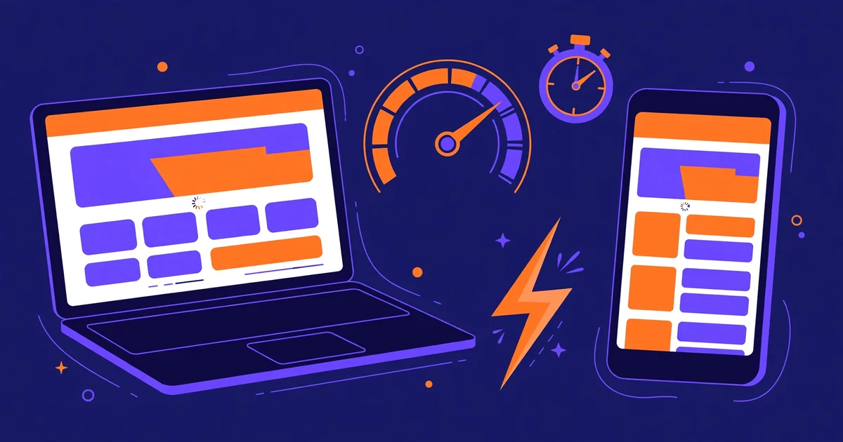 Core Web Vitals guide: a laptop and phone showing a fast website with a speedometer, stopwatch and lightning bolt