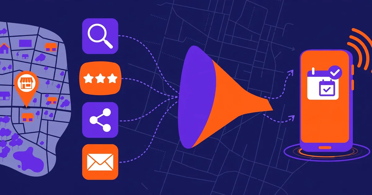 Digital marketing for a local business: a neighbourhood map with a pinned shop and search, reviews, social and email flowing into bookings