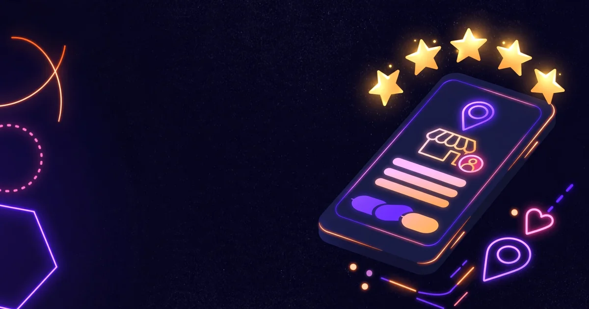 Five glowing gold stars above a smartphone showing a local business listing, illustrating how Google reviews help SEO