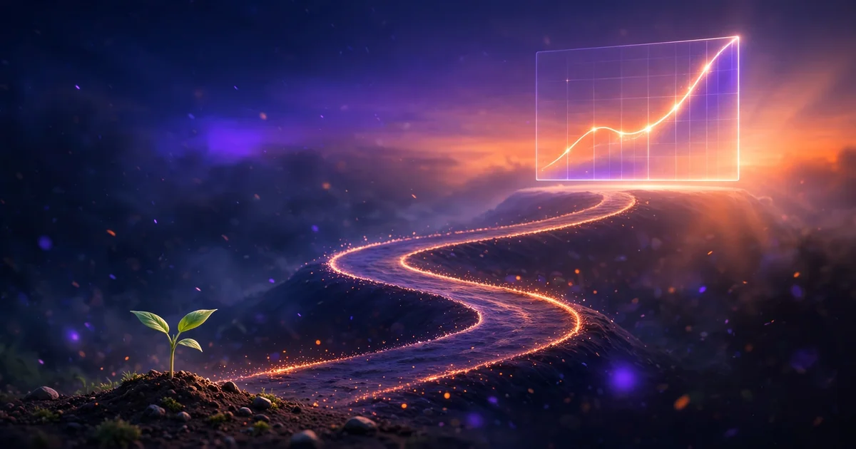 A seedling growing along an upward path toward a glowing search ranking chart, illustrating how long SEO takes to rank