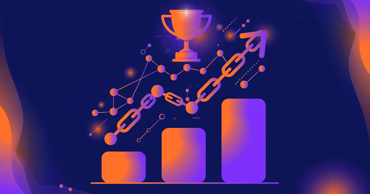 Illustration of a network of connected nodes and chain links forming an upward arrow toward a trophy above a bar chart
