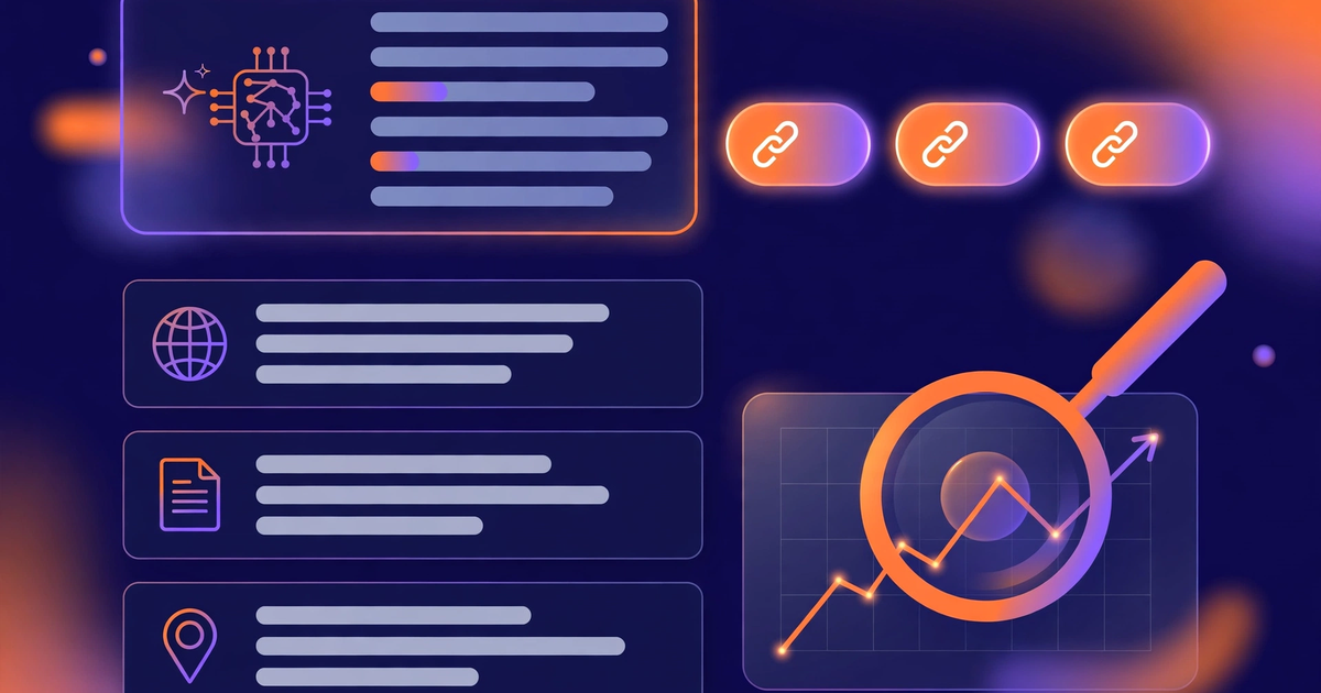 Illustration of a search results page with an AI-generated summary card, citation links and a rising chart