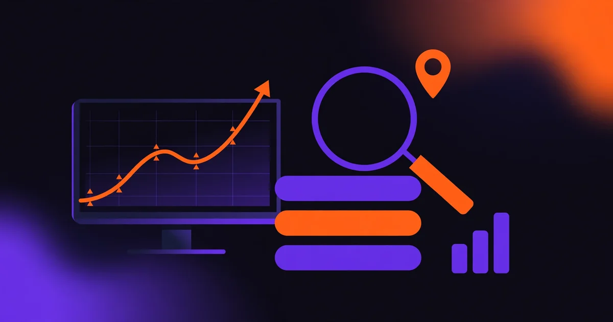How to track your Google ranking: dashboard with a rising chart and a magnifying glass over search results