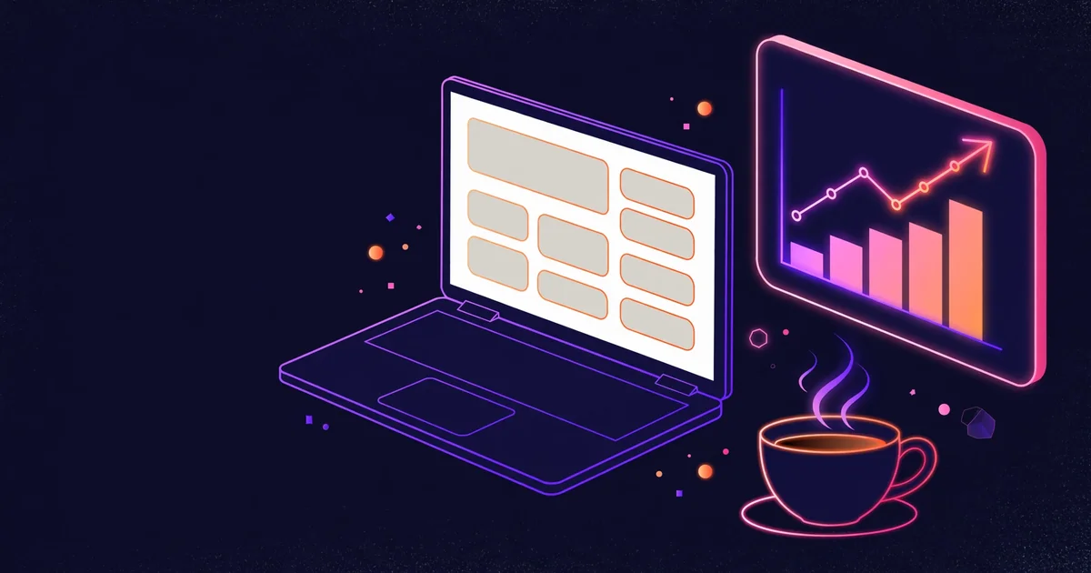 Illustration of a laptop with an article page and a rising search ranking chart beside it, with a coffee cup