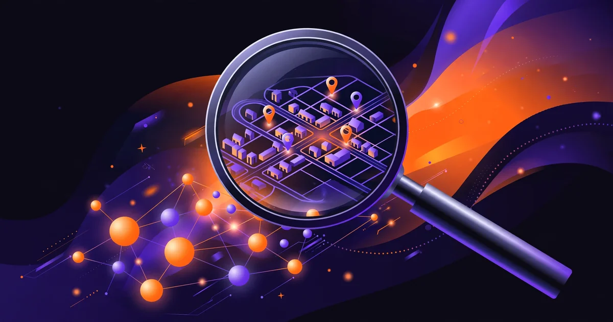 A magnifying glass over glowing search keywords and a small town map, illustrating keyword research for local businesses