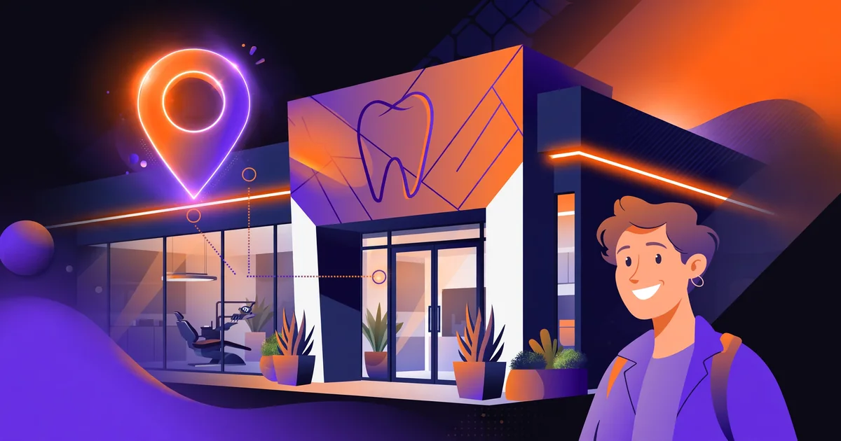 A bright modern dental clinic with a glowing map pin, illustrating local SEO for dentists