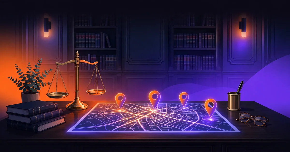 A law office desk with scales of justice and a glowing local map with location pins, illustrating local SEO for law firms