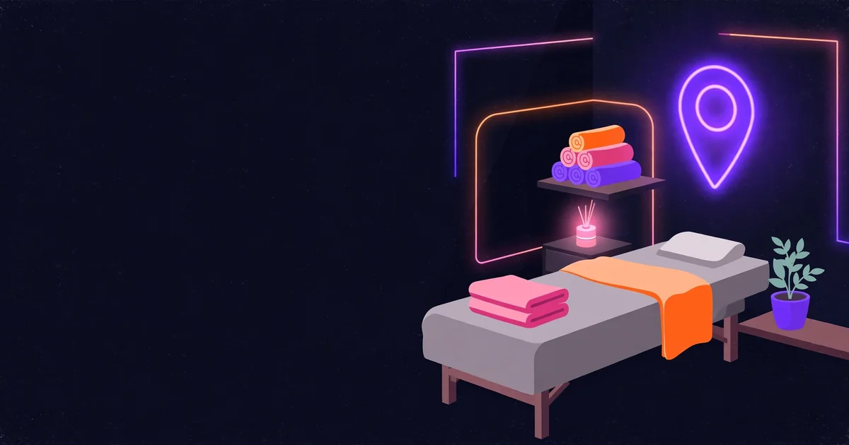 Illustration of a calm spa treatment room with a treatment bed, folded towels, a plant and a glowing map pin