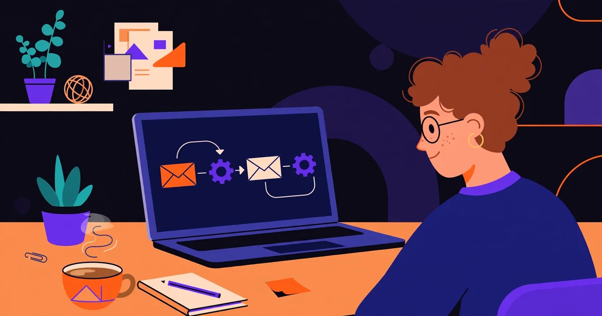 Marketing automation for small businesses: a small business owner at a desk with an automated email workflow on a laptop