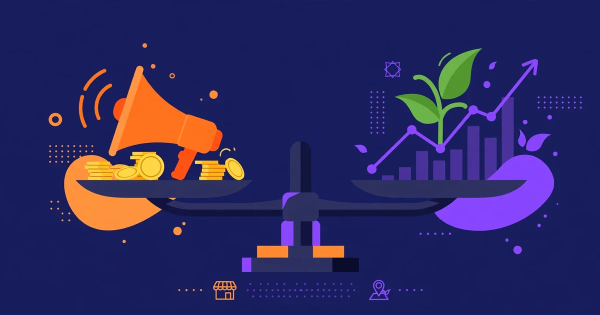PPC vs SEO: a balance scale with a paid ads megaphone and coins on one side and an organic search growth chart with a plant on the other