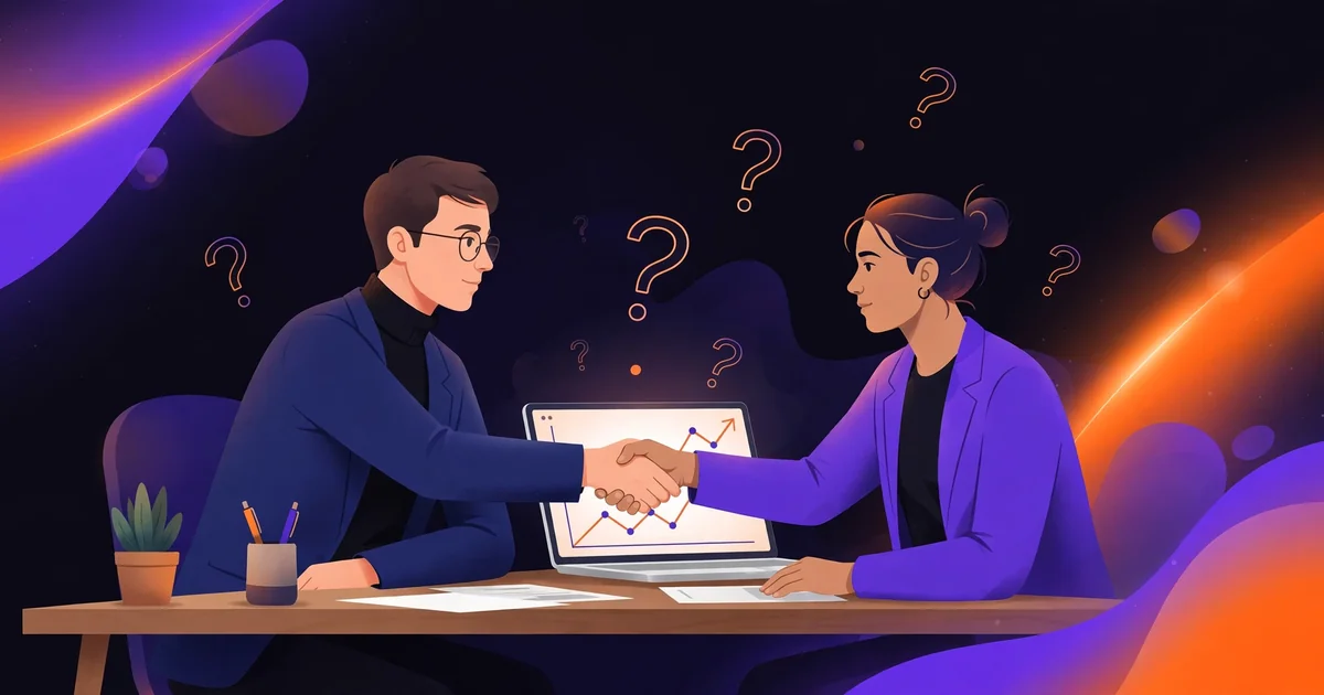 Two people shaking hands across a desk in a job interview, illustrating questions to ask before hiring an SEO
