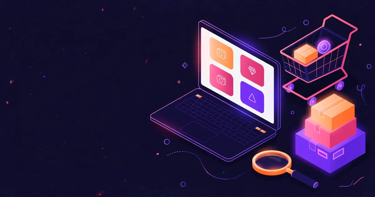 SEO for ecommerce: an online store scene with a laptop showing a product grid, a shopping cart, parcels and a magnifying glass