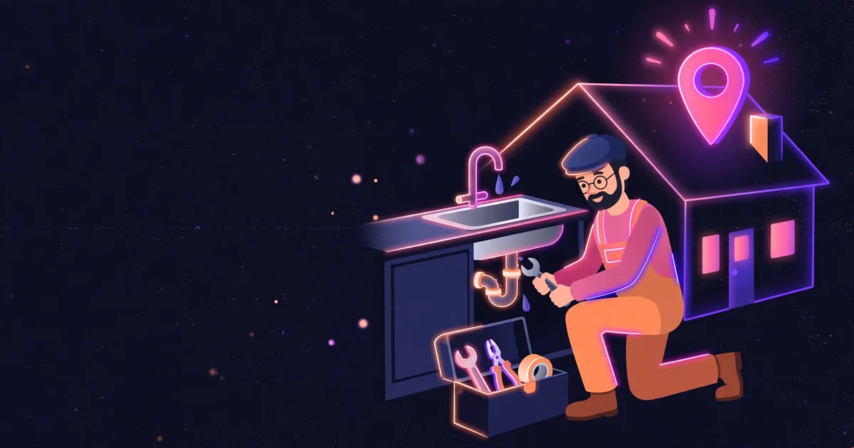 Flat illustration of a plumber fixing a kitchen sink with a toolbox, a house and a glowing map pin behind him