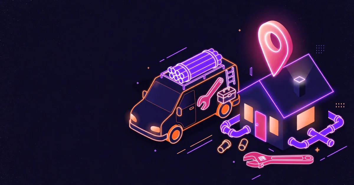 Illustration of a plumber's van beside a house with a glowing map pin, a wrench and pipes