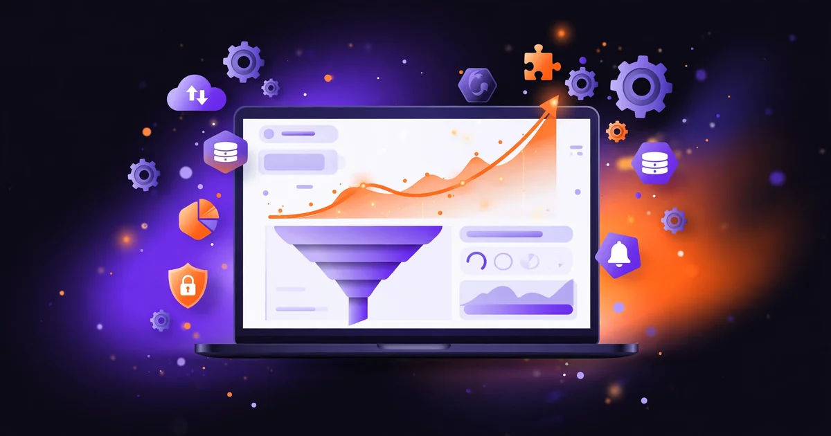 A software dashboard on a laptop with a rising growth chart, illustrating SEO for SaaS companies