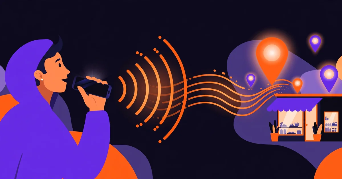 Voice search optimization: a person speaking into a smartphone as sound waves travel toward local map pins and a storefront