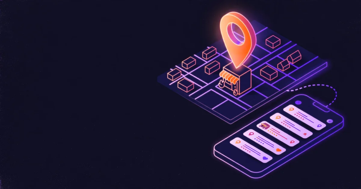 Illustration of a neighbourhood map with a glowing map pin above a small shop, and a smartphone showing local search results