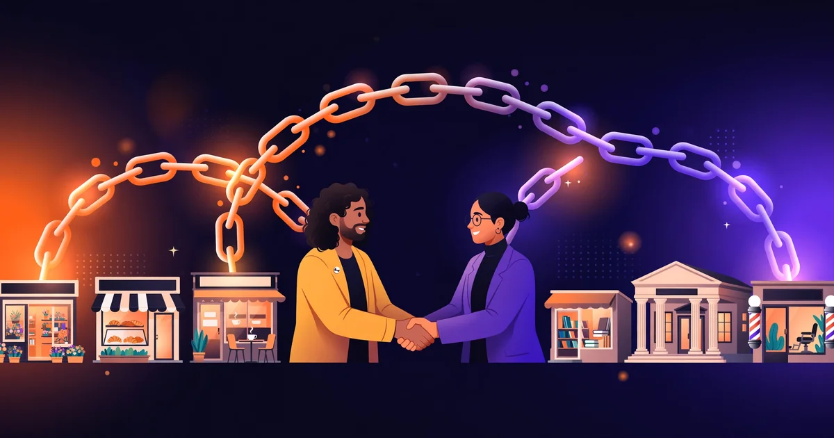 A chain of glowing links connecting small local shops, illustrating white-hat link building for local businesses