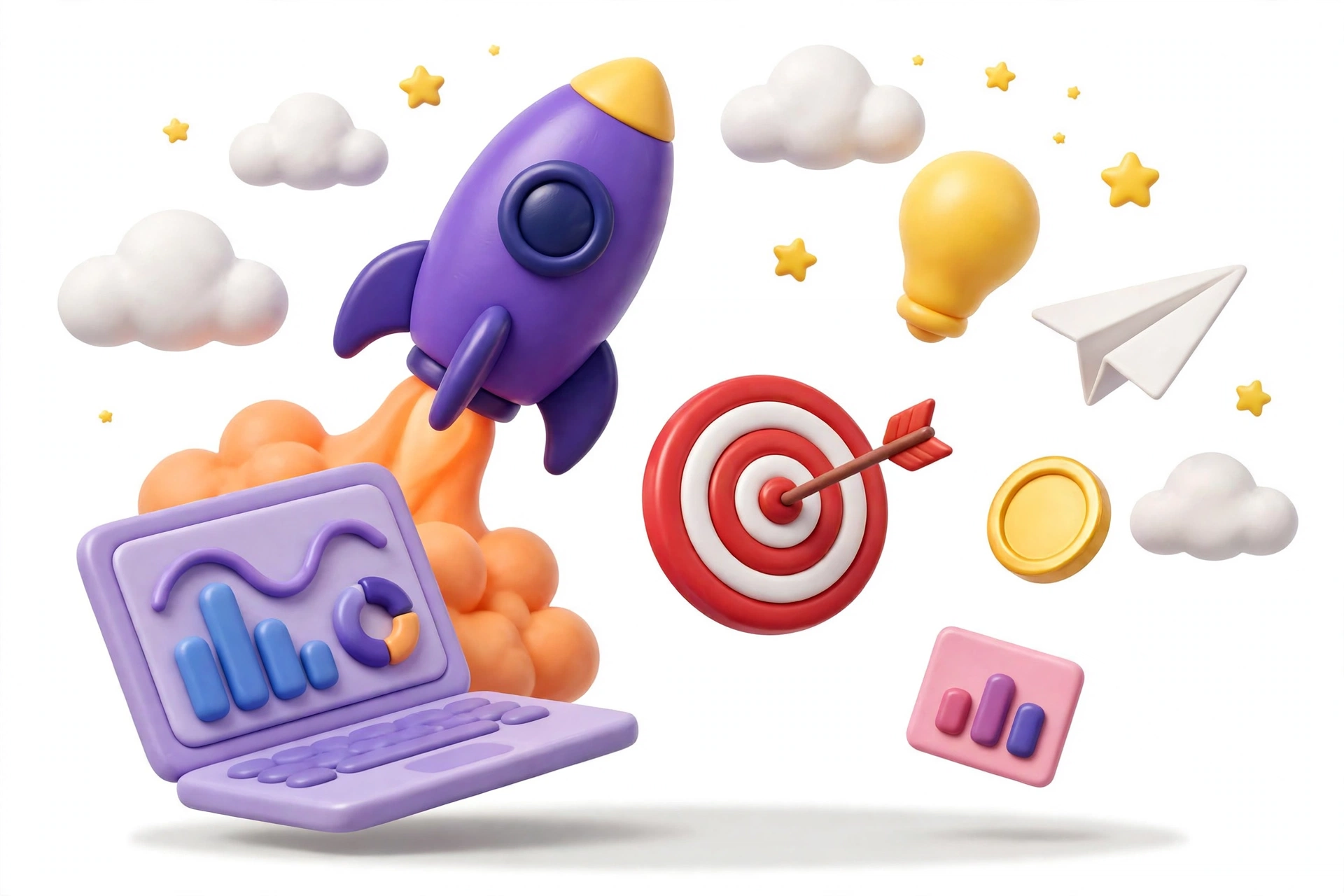 Clay-style 3D illustration of a rocket launching beside a laptop showing rising search charts